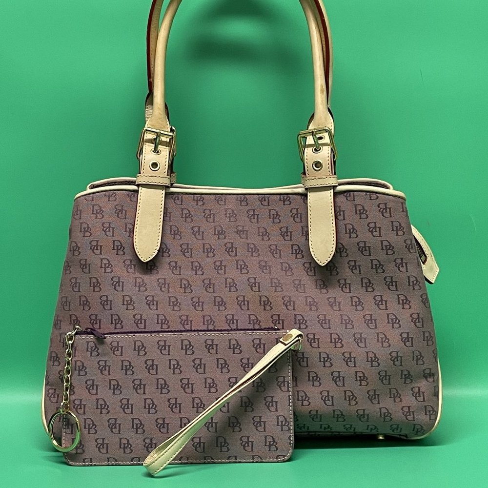 DOONEY & BOURKE Purple Handbag Wristlet Set Logo Canvas Leather **EUC** LOVELY!!